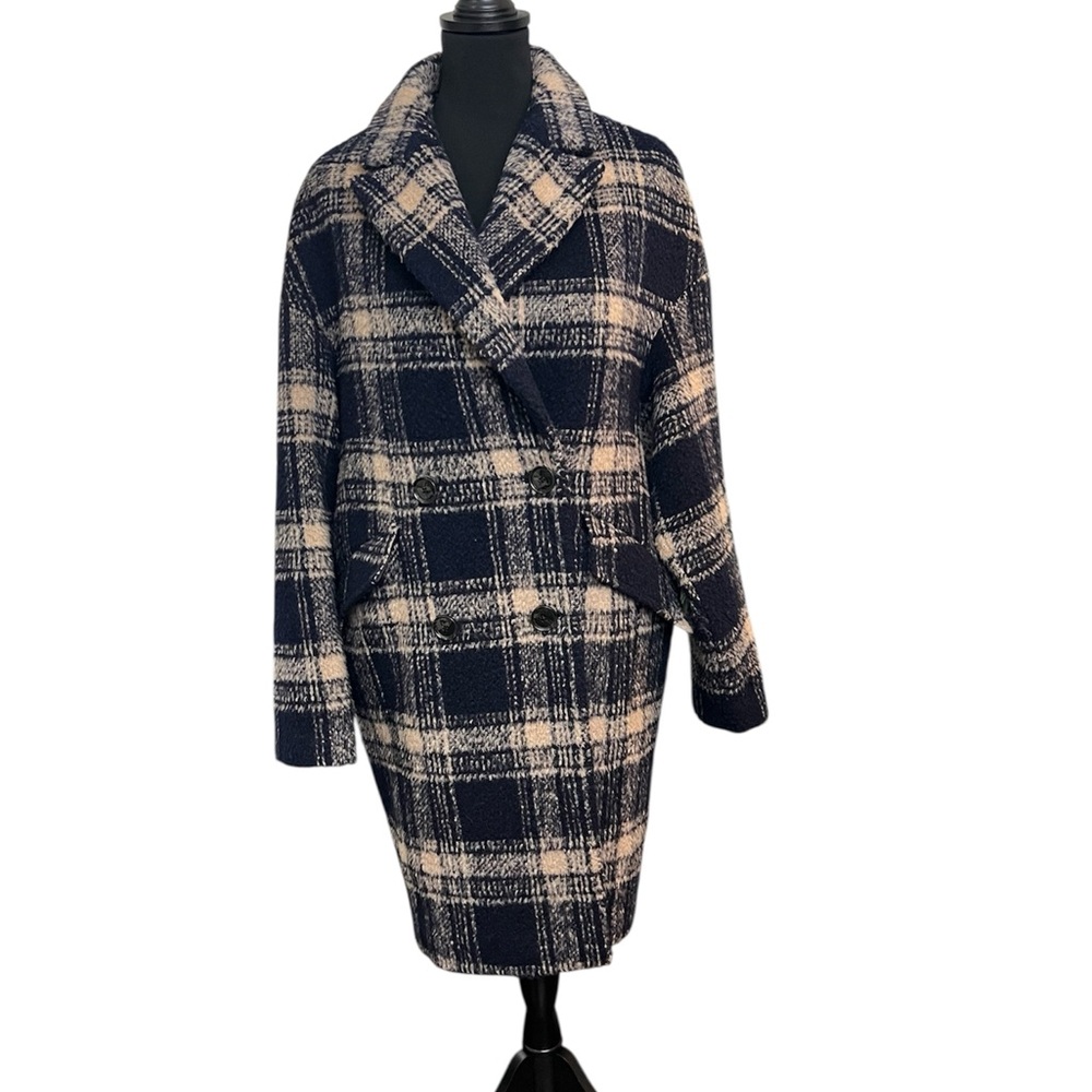 Sanctuary Double-Breasted Wool Blend Pea Coat Navy Ecru Plaid Women Size M